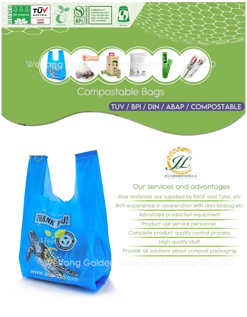 Eco Friendly 100% Biodegradable Plastic Shopping Corn Starch Compostable Bags with En13432/ASTM-D6400 Standard Pbat/PLA TUV Ok