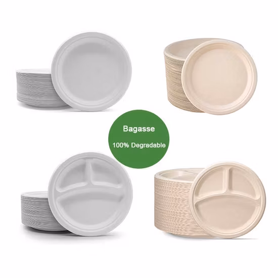 Vaisselle jetable compostable, assiettes rondes en papier de 6 pouces, assiette jetable biodégradable en Bagasse de fête